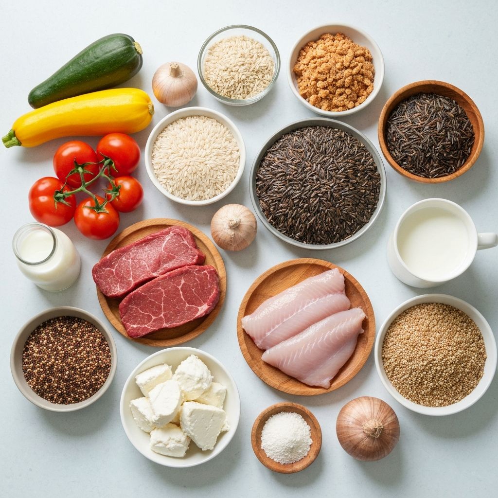 Diverse variety of everyday ingredients for meal planning